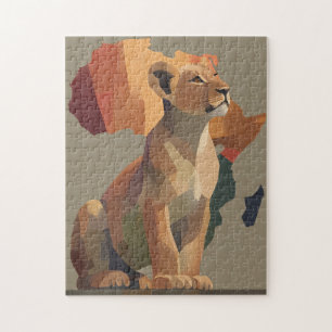 Geometric Mosaic Lioness with Stylised Africa Map Jigsaw Puzzle