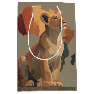 Geometric Mosaic Lioness with Stylised Africa Map  Medium Gift Bag
