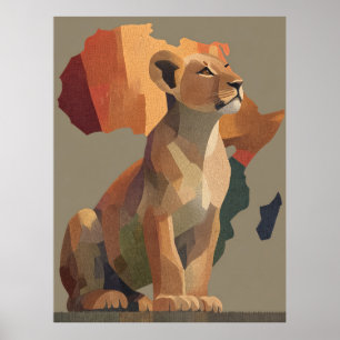Geometric Mosaic Lioness with Stylised Africa Map  Poster