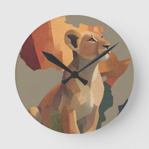 Geometric Mosaic Lioness with Stylised Africa Map  Round Clock