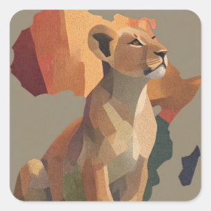 Geometric Mosaic Lioness with Stylised Africa Map Square Sticker