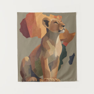 Geometric Mosaic Lioness with Stylised Africa Map Tapestry