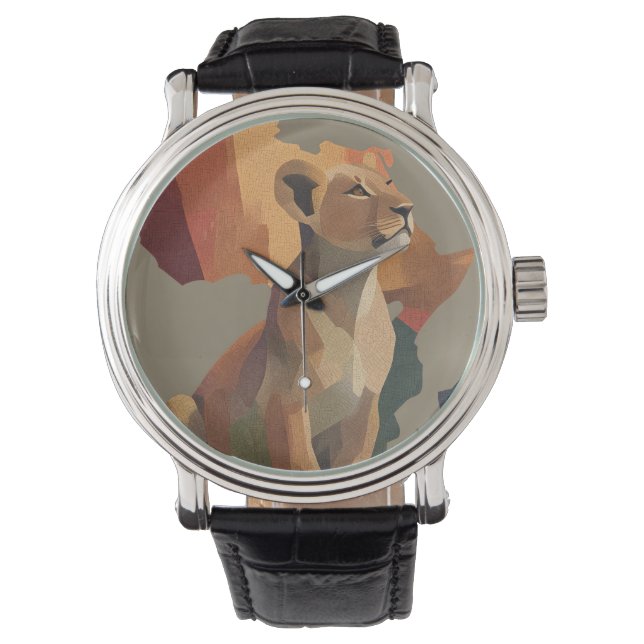 Geometric Mosaic Lioness with Stylised Africa Map  Watch (Front)