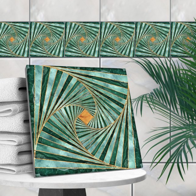 Geometric Mosaic Spiral - Green Marble and Gold Tile (Creator Uploaded)