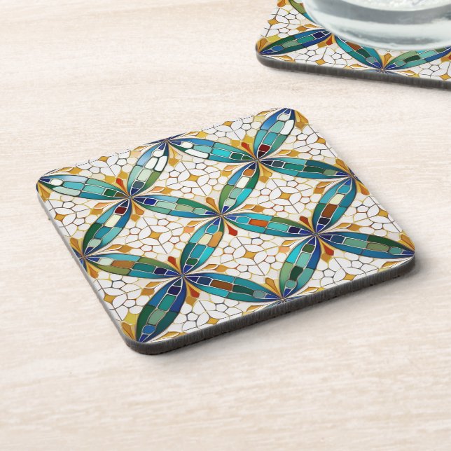 Geometric Mosaic Tile Pattern#5 Teal  White ID1078 Coaster (Left Side)
