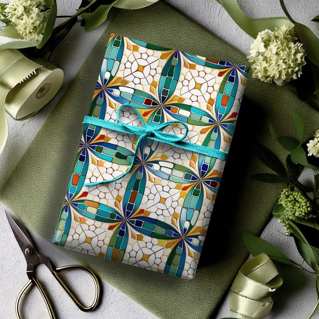 Geometric Mosaic Tile Pattern#5 Teal  White ID1078 Wrapping Paper (Creator Uploaded)