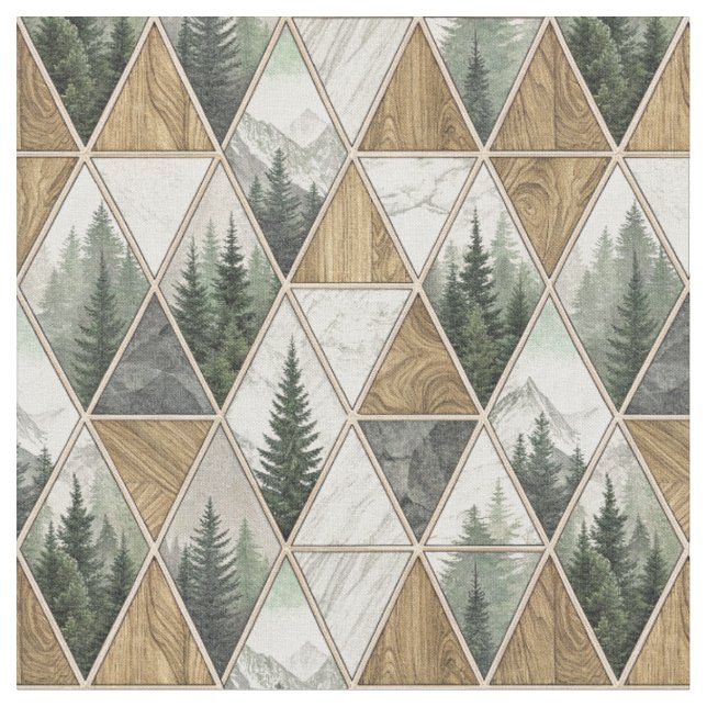 Geometric Mountain & Pine Forest Tile Pattern Art Fabric (Close Up)