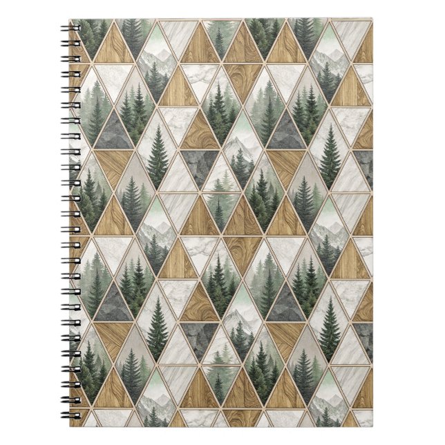 Geometric Mountain & Pine Forest Tile Pattern Art Notebook (Front)