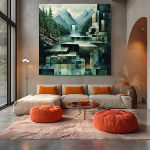 Geometric Mountain Scene with Waterfall and Lake Canvas Print