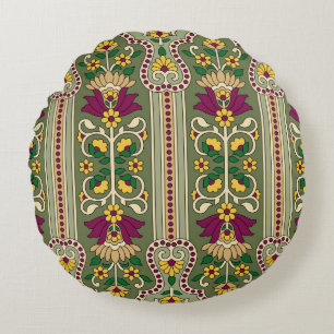 Geometric Mughal Paisley pattern on green backgrou Round Cushion