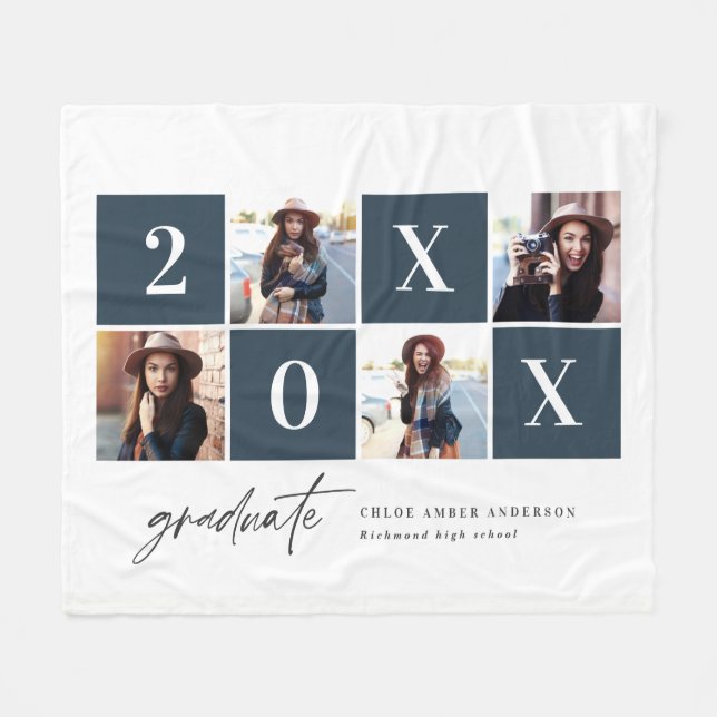 Geometric multi photo navy blue graduation fleece blanket (Front (Horizontal))