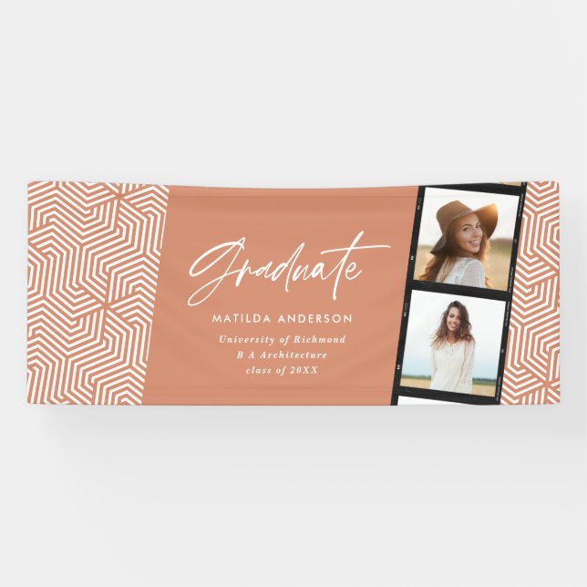 Geometric multi photo terracotta graduation party banner (Horizontal)