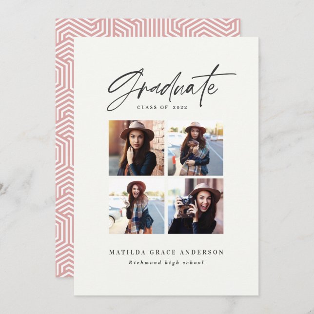 Geometric multi photo typography graduation pink announcement (Front/Back)