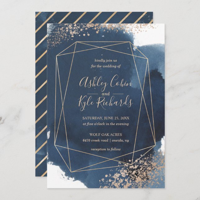 Geometric Navy and Gold Frame Watercolor Invitation (Front/Back)