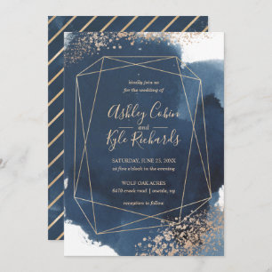 Geometric Navy and Gold Frame Watercolor Invitation