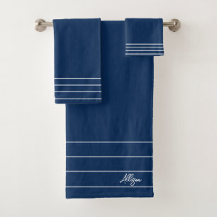 Geometric Navy Blue and White Monogram Bath Towel Set