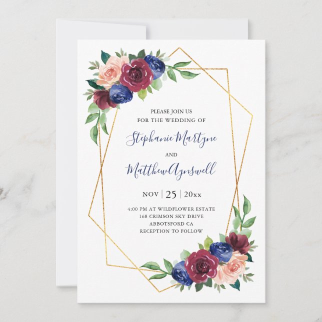 Geometric Navy Blue Burgundy Blush Floral Wedding Invitation (Front)