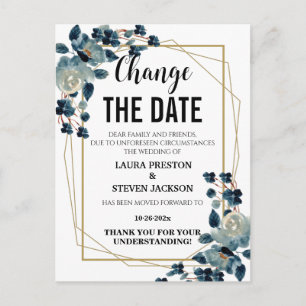 Geometric navy blue floral change the date postcard
