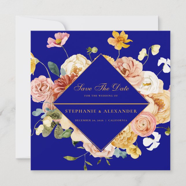 Geometric Navy Blue Floral Save The Date (Front)