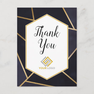 Geometric Navy Blue Gold Thank You Logo Business Postcard