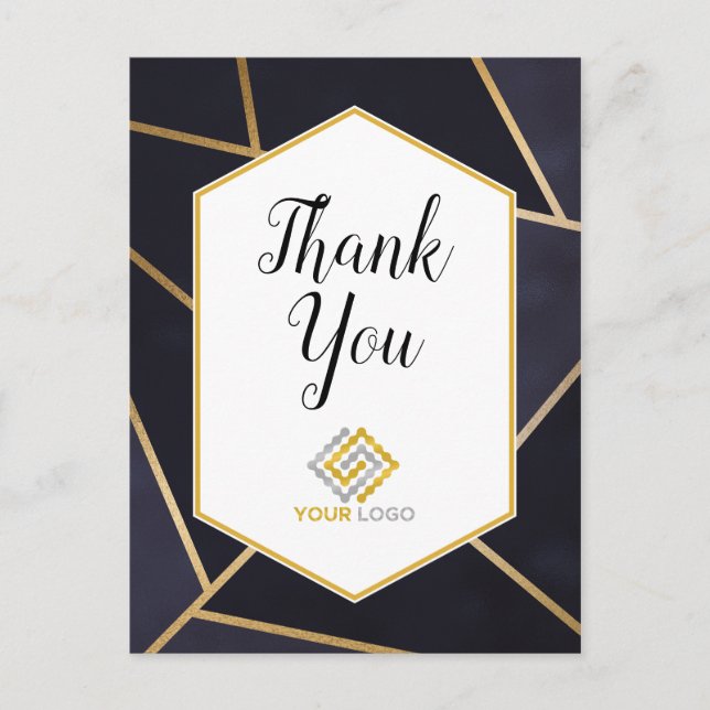 Geometric Navy Blue Gold Thank You Logo Business Postcard (Front)