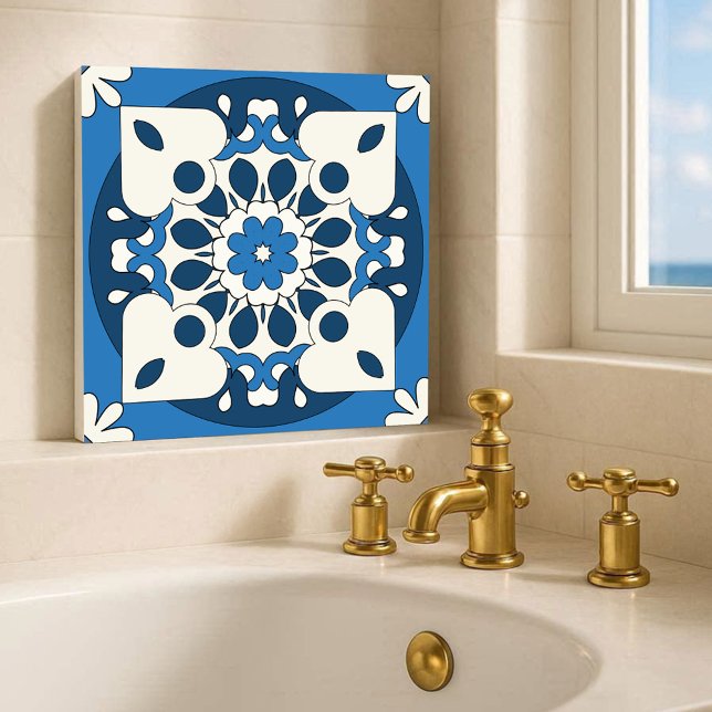 Geometric Navy Blue Mediterranean Tile (Modern kitchen or bathroom tile featuring a geometric floral design in navy and blue with ivory)