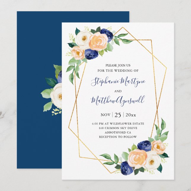 Geometric Navy Blue Peach Coral Floral Wedding Invitation (Front/Back)