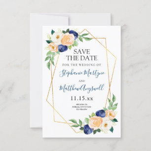 Geometric Navy Blue Peach Coral Floral Wedding Save The Date