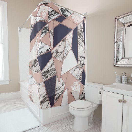 Geometric Navy Blue Peach Marble And, Blue And Gold Marble Shower Curtain
