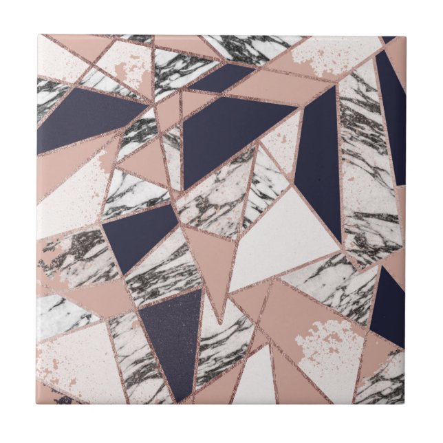 Geometric Navy Blue Peach Marble and Rose Gold Tile (Front)