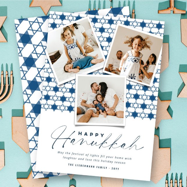Geometric Navy Blue Stars Of David Hanukkah Photo Holiday Card (Creator Uploaded)