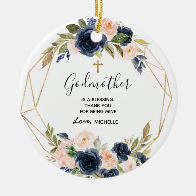 Geometric Navy Blush Floral Godmother keepsake Ceramic Tree Decoration (Front)