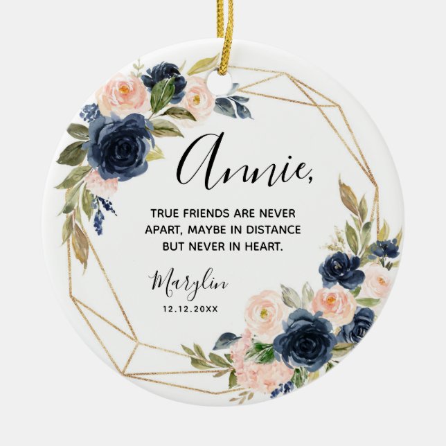 Geometric Navy Blush Floral True Friends Ceramic Tree Decoration (Front)