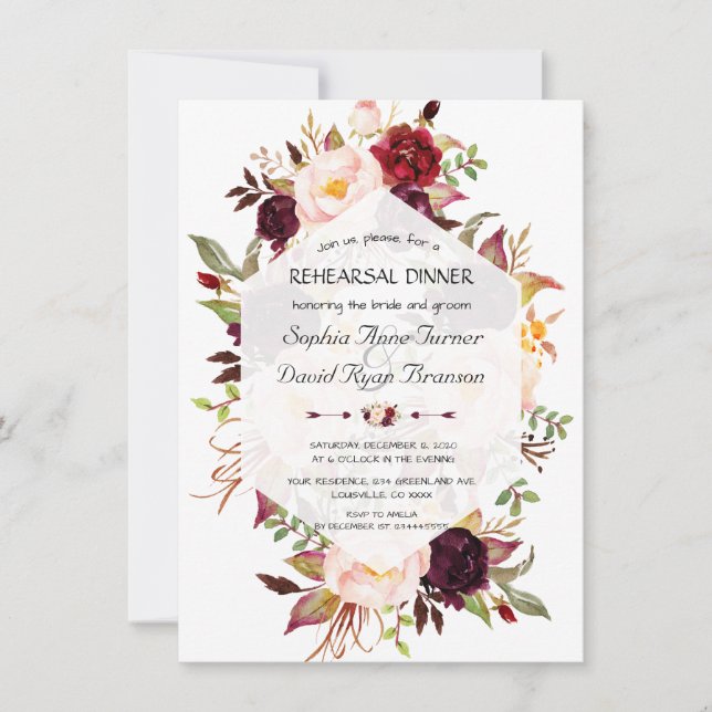 Geometric Navy Burgundy Floral Rehearsal Dinner Invitation (Front)