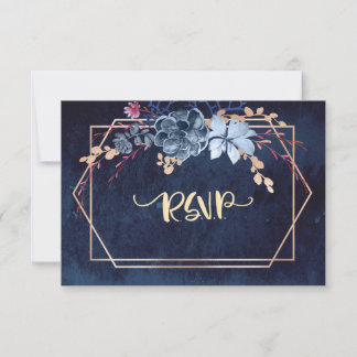 Geometric Navy  Floral Watercolor Wedding RSVP Card