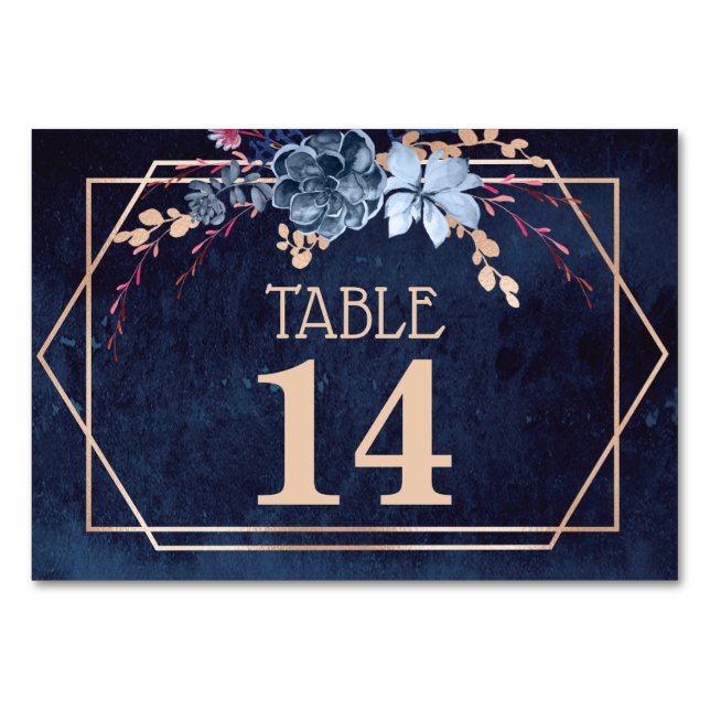 Geometric Navy Floral Wedding Table Number Card (Front)