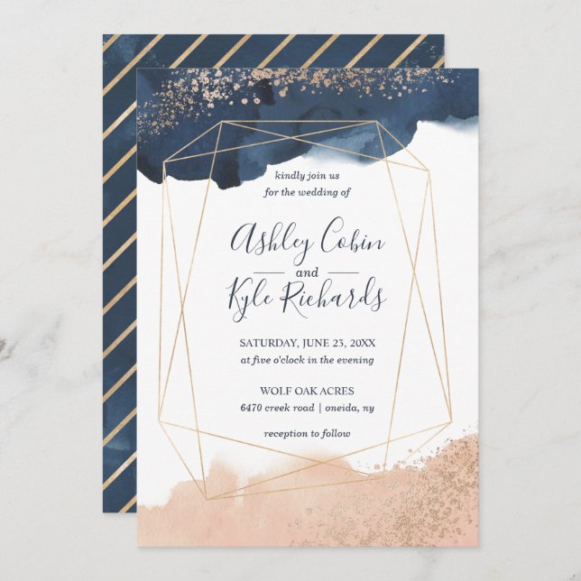 Geometric Navy, Gold, Blush Watercolor Invitation (Front/Back)