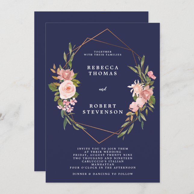 geometric navy wedding invitation pink florals (Front/Back)