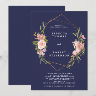 geometric navy wedding invitation pink florals
