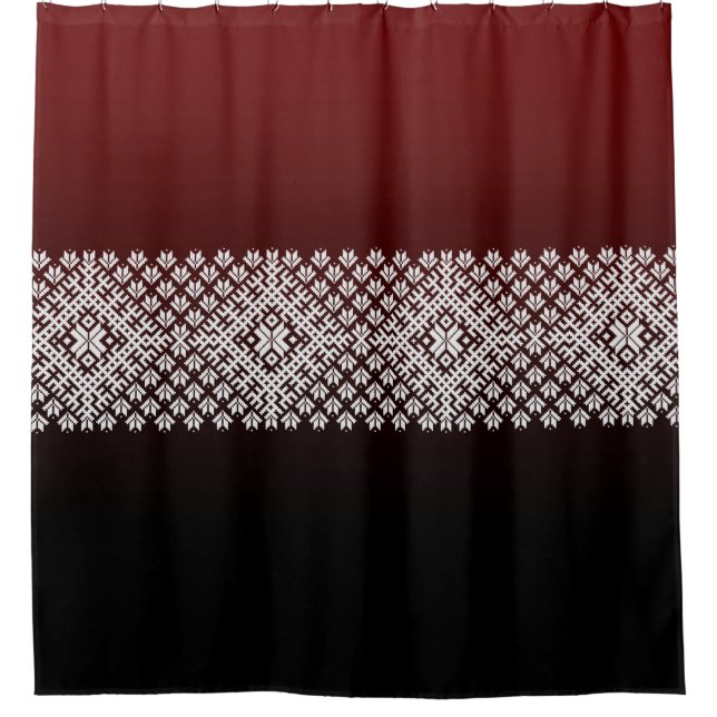 Geometric Nordic Pattern on Red and Black Gradient Shower Curtain (Front)