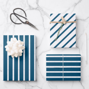 Geometric Ocean Blue and White Stripes Wrapping Paper Sheet