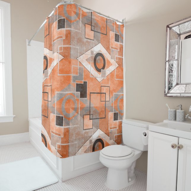 Geometric orange grey grunge stylish shower curtain (In Situ)