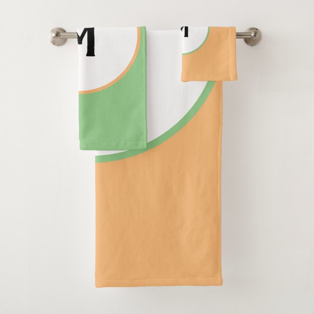 Geometric Orange Sage Green Monogram Bath Towel Set (Insitu)