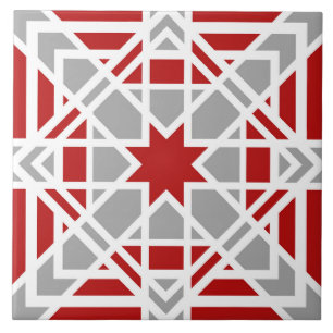 Geometric, ornamental, red, white, light grey tile