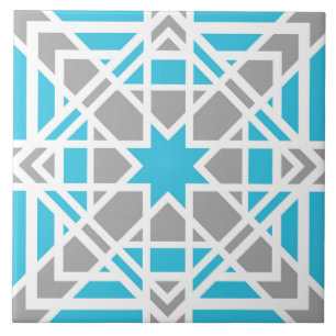 Geometric, ornamental, teal, white, light grey tile
