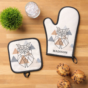 Geometric Owl Design Oven Mitt & Pot Holder Set