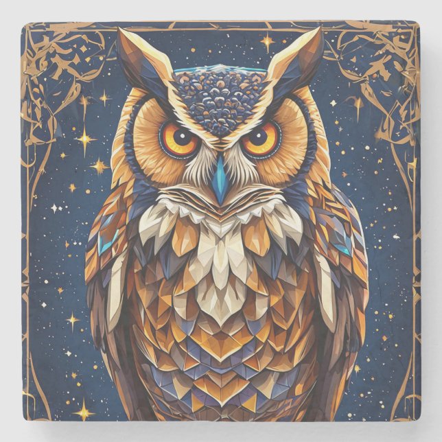 🦉 Geometric Owl Vibrant Colours Warm Zen  Stone Coaster (Front)