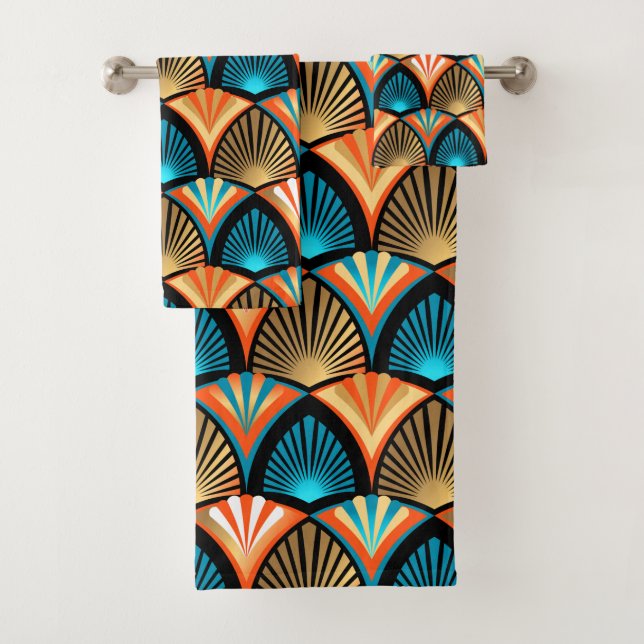 Geometric palm leaves golden pattern in Art Deco Bath Towel Set (Insitu)