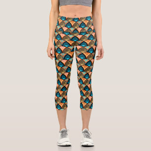 Geometric palm leaves golden pattern in Art Deco Capri Leggings