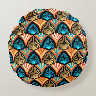 Geometric palm leaves golden pattern in Art Deco Round Cushion